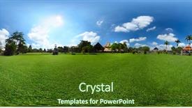  Presentation with bali - Colorful slide set enhanced with spherical 360 degrees panorama equirectangular projection of green meadow with buildings bali indonesia backdrop and a tawny brown colored foreground