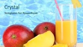  Presentation with woven - Slide deck consisting of spherification fruit juice - ripe appetizing mango on woven background and a  colored foreground