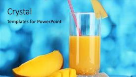  Presentation with mango juice - PPT theme enhanced with spherification fruit juice - ripe appetizing mango on woven background and a  colored foreground