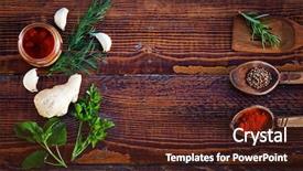 Presentation with herbs - Presentation featuring spices and herbs on wooden table top view background and a tawny brown colored foreground