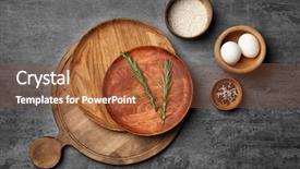  Presentation with kitchen utensils - PPT theme having wooden kitchen utensils with ingredients on grey background background and a tawny brown colored foreground