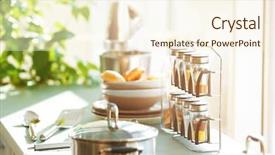  Presentation with utensils - Presentation with green household - table with utensils and spices background and a cream colored foreground