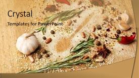  Presentation with spoon - Presentation theme enhanced with spices on table with spoon silhouette close-up background and a yellow colored foreground