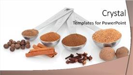  Presentation with allspice - PPT layouts enhanced with portrait of happy young woman holding a shopping bag full of groceries on white background background and a gold colored foreground