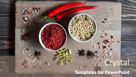  Presentation with cardamom - Colorful slide deck enhanced with spices over wooden background with empty place for text chili pepper cardamom pepper corns rosemary and sea salt backdrop and a gray colored foreground