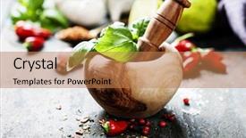  Presentation with peppers - Presentation consisting of spices with mortar and pestle background and a coral colored foreground