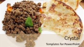  Presentation with curry - Presentation consisting of plate with a paratha background and a coral colored foreground