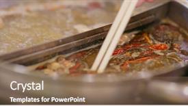  Presentation with steamboat - Presentation design consisting of spicy chinese hotpot in restaurant background and a coral colored foreground