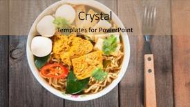  Presentation with instant noodles - Amazing slide deck having spicy curry instant noodles soup backdrop and a coral colored foreground