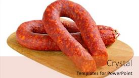  Presentation with cutting board - PPT theme featuring spicy-dry-sausages-on-wooden background and a gold colored foreground