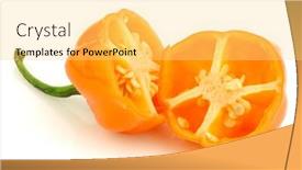  Presentation with capsicum - Theme consisting of spicy hot cut adjuma pepper capsicum chinense on a white background background and a yellow colored foreground