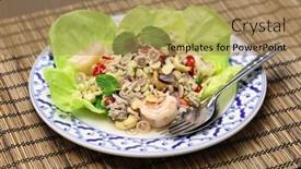  Presentation with thai - Slides featuring homemade minced pork shrimp - spicy lemongrass salad yam takrai background and a coral colored foreground