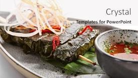  Presentation with spicy food - Amazing slide deck having spicy-mutton-with-grape-leaves backdrop and a white colored foreground