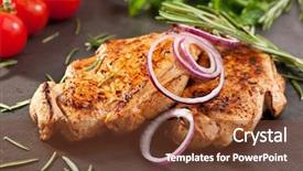  Presentation with green onions and bulb onion - Presentation theme having spicy restaurant - pork loin bbq with rosemary background and a tawny brown colored foreground