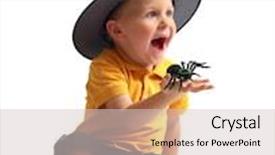  Presentation with hunting - Audience pleasing presentation theme consisting of spider hunting isolated image of black spider and small cute boy in witch hat backdrop and a lemonade colored foreground