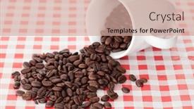  Presentation with coffee beans - PPT layouts having spilled cup of coffee beans on a table cloth background and a coral colored foreground