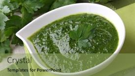  Presentation with spinach - Audience pleasing PPT theme consisting of spinach cream soup in bowl backdrop and a seafoam green colored foreground