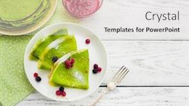  Presentation with powdered - Audience pleasing PPT layouts consisting of spinach pancakes with powdered sugar and berries on wooden background backdrop and a light gray colored foreground