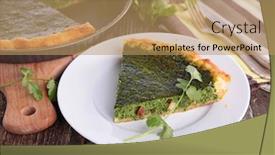  Presentation with spinach - Presentation design consisting of spinach quiche on wood background background and a coral colored foreground