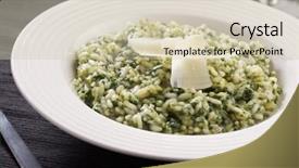  Presentation with spinach - Presentation consisting of rice glass bowl - spinach risotto with parmesan cheese background and a soft green colored foreground