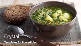  Presentation with spinach - PPT theme with spinach soup and rye bread on a rustic table background and a tawny brown colored foreground