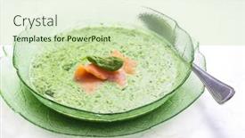  Presentation with spinach - Presentation featuring spinach soup with smoked salmon background and a soft green colored foreground