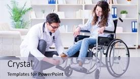  Presentation with wheelchair - Colorful theme enhanced with spinal fracture - disabled patient on wheelchair visiting backdrop and a light blue colored foreground