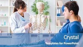  Presentation with skeleton - Audience pleasing PPT layouts consisting of spinal fracture - doctor showing type of injury backdrop and a teal colored foreground