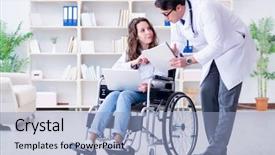  Presentation with patient and doctor - Slide set having spinal trauma - disabled patient on wheelchair visiting background and a light blue colored foreground