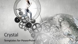  Presentation with wheel - Beautiful slide deck featuring spinning earth - young businesswoman running in wheel backdrop and a  colored foreground