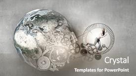  Presentation with gears - Theme enhanced with spinning earth - young businesswoman running in wheel background and a  colored foreground