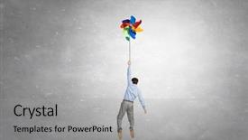  Presentation with spinning wheel - Presentation design enhanced with spinning wheel - young happy businessman flying background and a light gray colored foreground