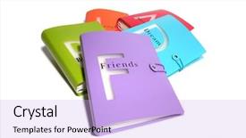  Presentation with binder - Audience pleasing slides consisting of spiral album - colorful friends themed photo binder backdrop and a lavender colored foreground