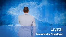  Presentation with airport departure arrival information board - PPT theme with spiral arrow - thinking businessman against airport departures background and a teal colored foreground