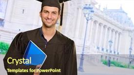  Presentation with book - Cool new PPT theme with spiral bindbook - happy graduate man holding book backdrop and a  colored foreground