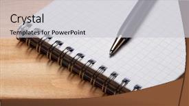  Presentation with spiral binding - Cool new slide set with spiral binding page - pen and notebook on wooden backdrop and a light gray colored foreground