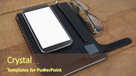  Presentation with smart watch red - Beautiful PPT theme featuring spiral development - diary smart watch pencil smartphone backdrop and a  colored foreground