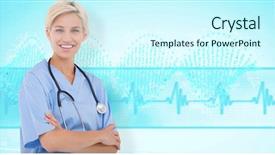  Presentation with smiling kids at summer camp - Slides consisting of spiral model - blonde doctor smiling at camera background and a cool aqua colored foreground