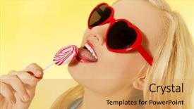  Presentation with lollipop - Cool new slide deck with spiral model - young happy woman holding lollipop backdrop and a yellow colored foreground