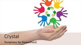  Presentation with colorful hand prints - Audience pleasing PPT layouts consisting of spiral of colorful hand print backdrop and a coral colored foreground