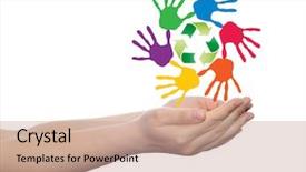  Presentation with colorful hand prints - Colorful slide deck enhanced with spiral of colorful hand print backdrop and a coral colored foreground