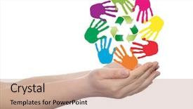  Presentation with colorful hand prints - Beautiful slide set featuring spiral of colorful hand print backdrop and a coral colored foreground