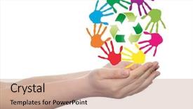  Presentation with global children - Beautiful slide set featuring spiral of colorful hand print backdrop and a coral colored foreground