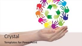  Presentation with global children - Amazing PPT theme having spiral of colorful hand print backdrop and a coral colored foreground