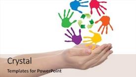  Presentation with global children - Beautiful presentation design featuring spiral of colorful hand print backdrop and a  colored foreground