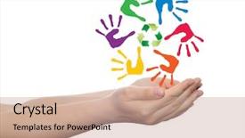 Presentation with colorful hand prints - Cool new PPT theme with spiral of colorful hand print backdrop and a  colored foreground