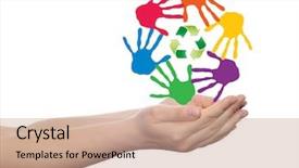  Presentation with colorful hand prints - PPT theme consisting of spiral of colorful hand print background and a  colored foreground