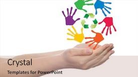  Presentation with colorful hand prints - Colorful PPT theme enhanced with spiral of colorful hand print backdrop and a  colored foreground