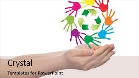  Presentation with global children - Beautiful theme featuring spiral of colorful hand print backdrop and a coral colored foreground