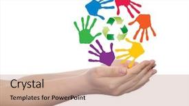  Presentation with colorful hand prints - PPT theme featuring spiral of colorful hand print background and a  colored foreground